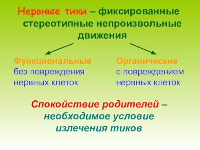 Нервные тики – фиксированные стереотипные непроизвольные движения Спокойствие родителей – необходимое условие