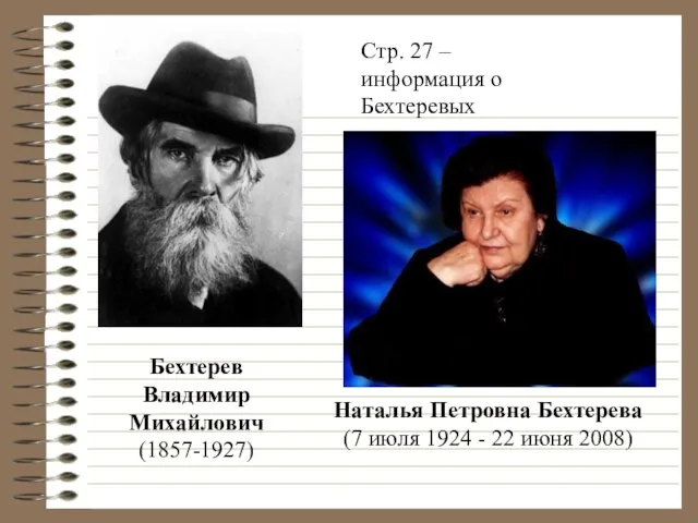 Стр. 27 – информация о Бехтеревых Бехтерев Владимир Михайлович (1857-1927) Наталья Петровна