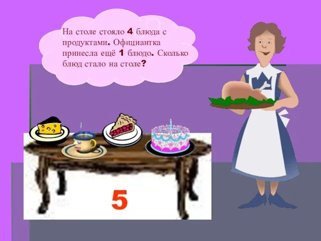 На столе стояло 4 блюда с продуктами. Официантка принесла ещё 1 блюдо.