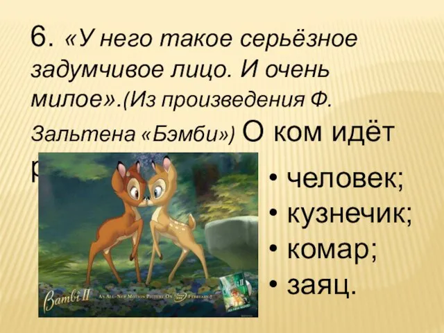 человек; кузнечик; комар; заяц. 6. «У него такое серьёзное задумчивое лицо. И