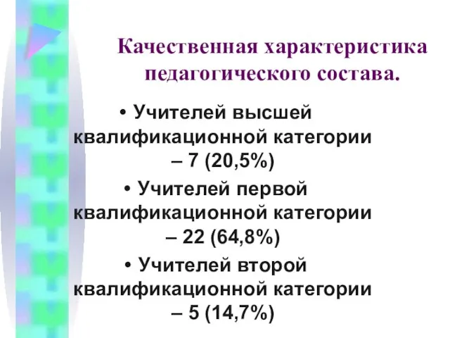 Качественная характеристика педагогического состава. Учителей высшей квалификационной категории – 7 (20,5%) Учителей