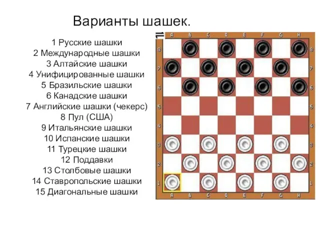 Варианты шашек. 1 Русские шашки 2 Международные шашки 3 Алтайские шашки 4