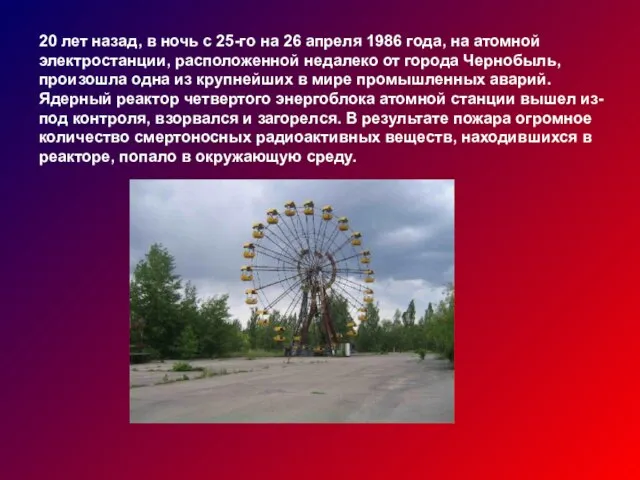 20 лет назад, в ночь с 25-го на 26 апреля 1986 года,