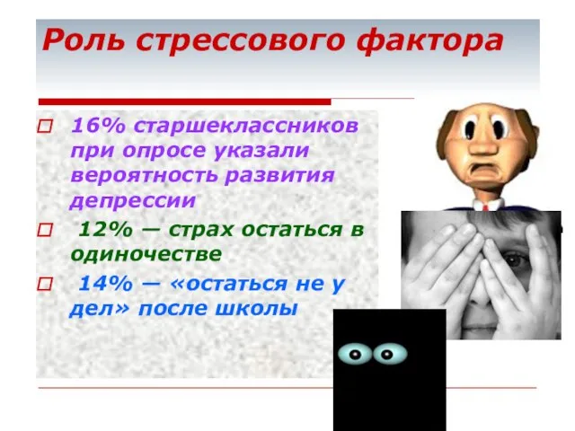 Роль стрессового фактора 16% старшеклассников при опросе указали вероятность развития депрессии 12%