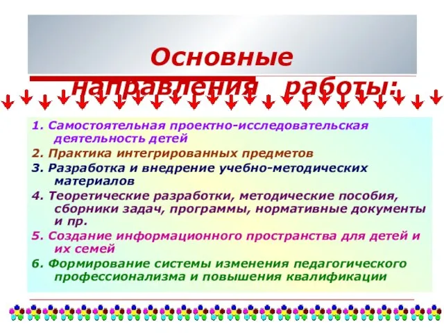 Основные направления работы: 1. Самостоятельная проектно-исследовательская деятельность детей 2. Практика интегрированных предметов