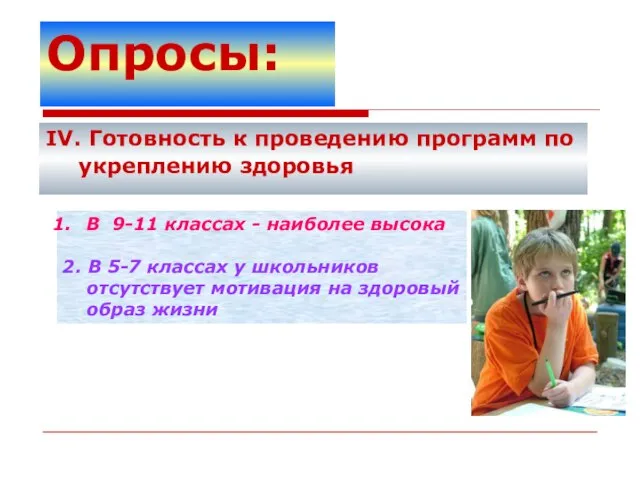 Опросы: IV. Готовность к проведению программ по укреплению здоровья В 9-11 классах