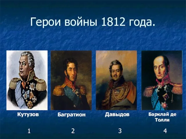 Герои войны 1812 года. Кутузов Багратион Давыдов Барклай де Толли 1 2 3 4