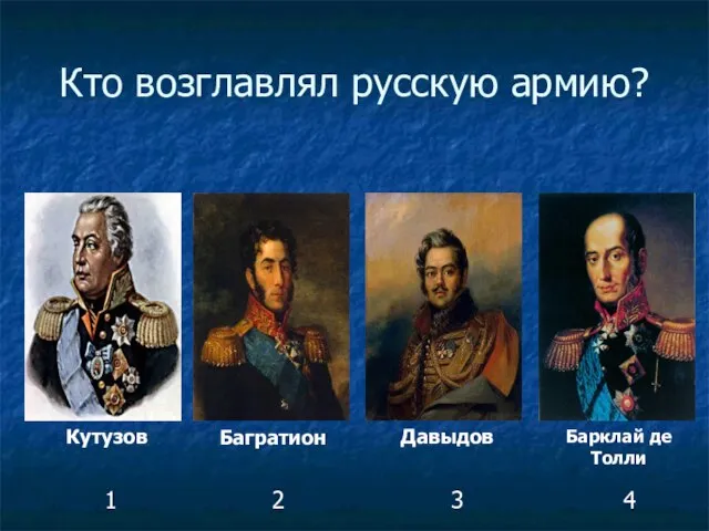 Кто возглавлял русскую армию? Кутузов Багратион Давыдов Барклай де Толли 1 2 3 4