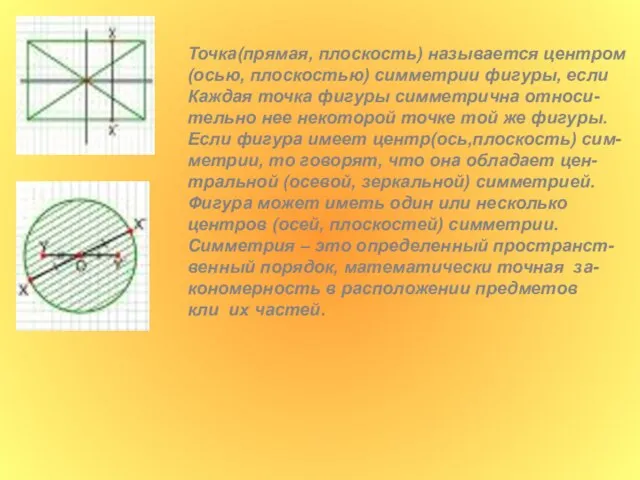 Точка(прямая, плоскость) называется центром (осью, плоскостью) симметрии фигуры, если Каждая точка фигуры