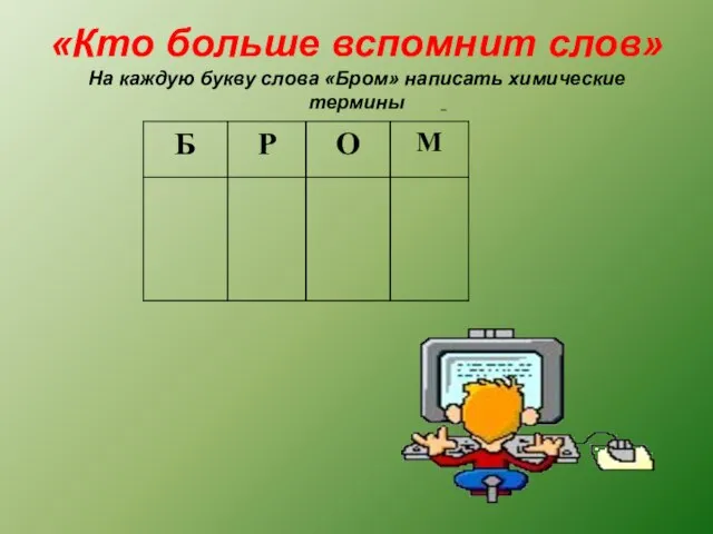 «Кто больше вспомнит слов» На каждую букву слова «Бром» написать химические термины