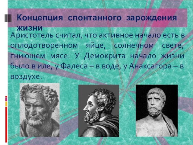 Аристотель считал, что активное начало есть в оплодотворенном яйце, солнечном свете, гниющем