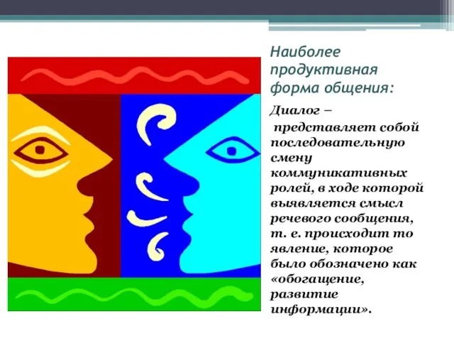 Наиболее продуктивная форма общения: Диалог – представляет собой последовательную смену коммуникативных ролей,