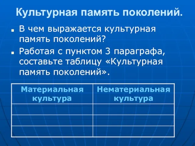 Культурная память поколений. В чем выражается культурная память поколений? Работая с пунктом