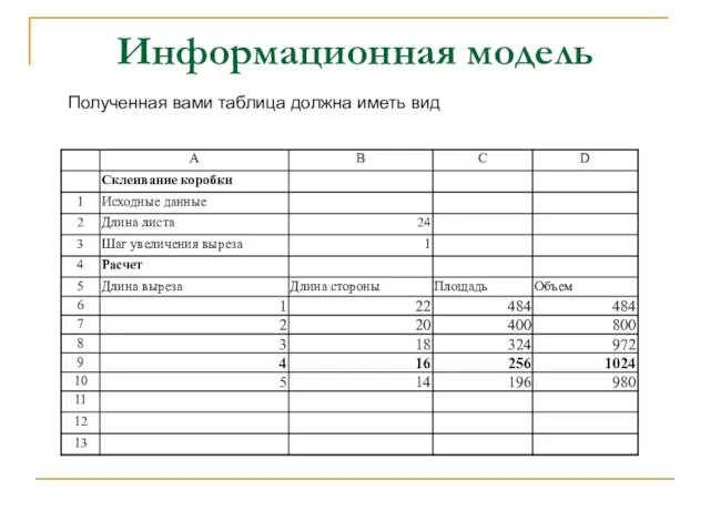 Информационная модель Полученная вами таблица должна иметь вид