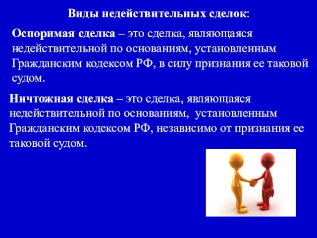 Виды недействительных сделок: Оспоримая сделка – это сделка, являющаяся недействительной по основаниям,