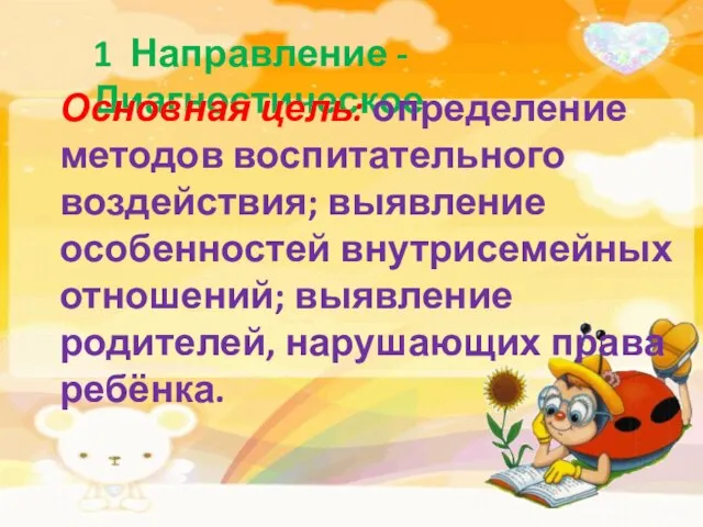 1 Направление -Диагностическое Основная цель: определение методов воспитательного воздействия; выявление особенностей внутрисемейных