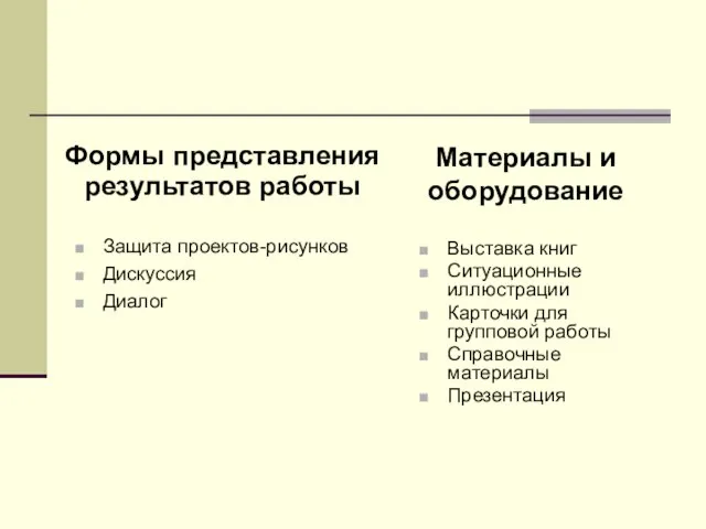 Формы представления результатов работы Защита проектов-рисунков Дискуссия Диалог Материалы и оборудование Выставка