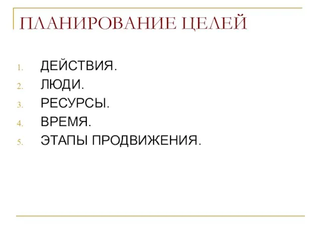 ПЛАНИРОВАНИЕ ЦЕЛЕЙ ДЕЙСТВИЯ. ЛЮДИ. РЕСУРСЫ. ВРЕМЯ. ЭТАПЫ ПРОДВИЖЕНИЯ.