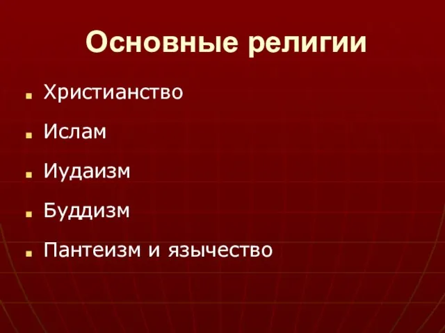 Основные религии Христианство Ислам Иудаизм Буддизм Пантеизм и язычество