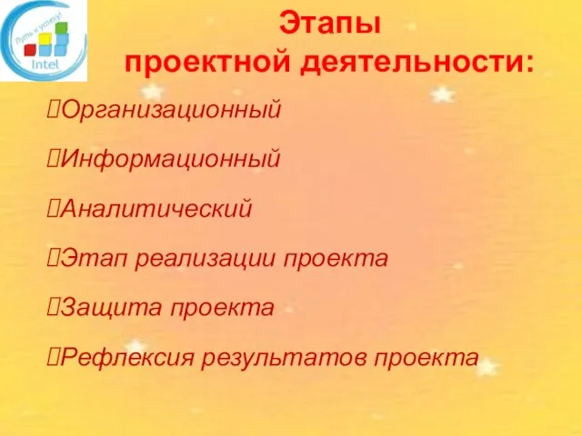 Этапы проектной деятельности: Организационный Информационный Аналитический Этап реализации проекта Защита проекта Рефлексия результатов проекта