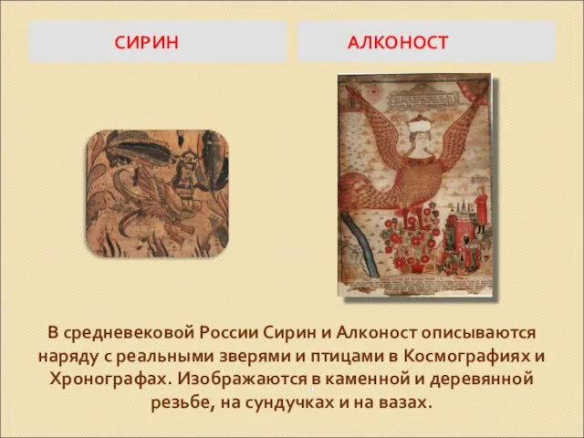 В средневековой России Сирин и Алконост описываются наряду с реальными зверями и