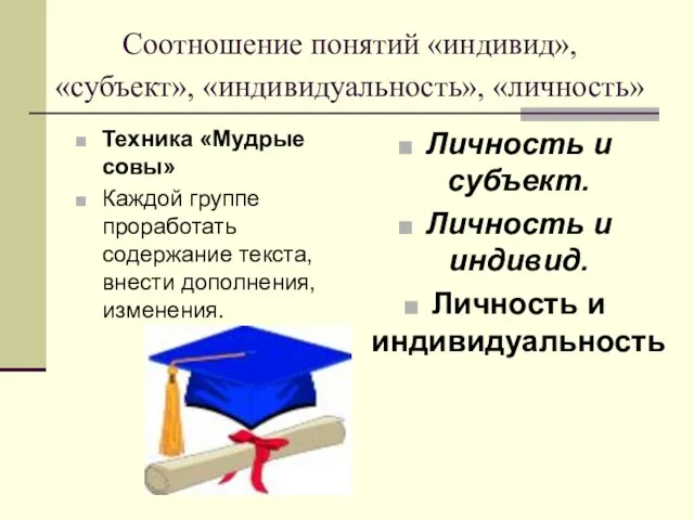 Соотношение понятий «индивид», «субъект», «индивидуальность», «личность» Техника «Мудрые совы» Каждой группе проработать