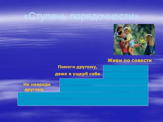 «Ступень порядочности» Не навреди другому Помоги другому, даже в ущерб себе Живи по совести