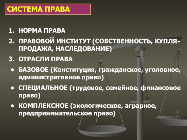 СИСТЕМА ПРАВА НОРМА ПРАВА ПРАВОВОЙ ИНСТИТУТ (СОБСТВЕННОСТЬ, КУПЛЯ-ПРОДАЖА, НАСЛЕДОВАНИЕ) ОТРАСЛИ ПРАВА БАЗОВОЕ