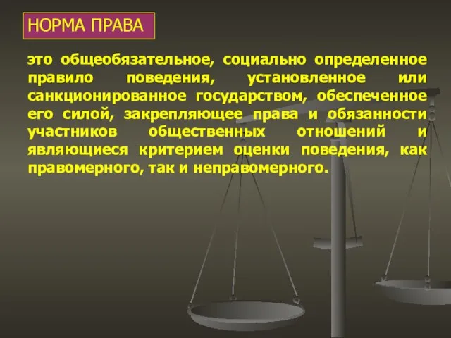 НОРМА ПРАВА это общеобязательное, социально определенное правило поведения, установленное или санкционированное государством,