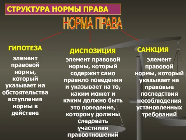 СТРУКТУРА НОРМЫ ПРАВА ГИПОТЕЗА ДИСПОЗИЦИЯ САНКЦИЯ элемент правовой нормы, который содержит само