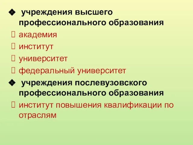 учреждения высшего профессионального образования академия институт университет федеральный университет учреждения послевузовского профессионального