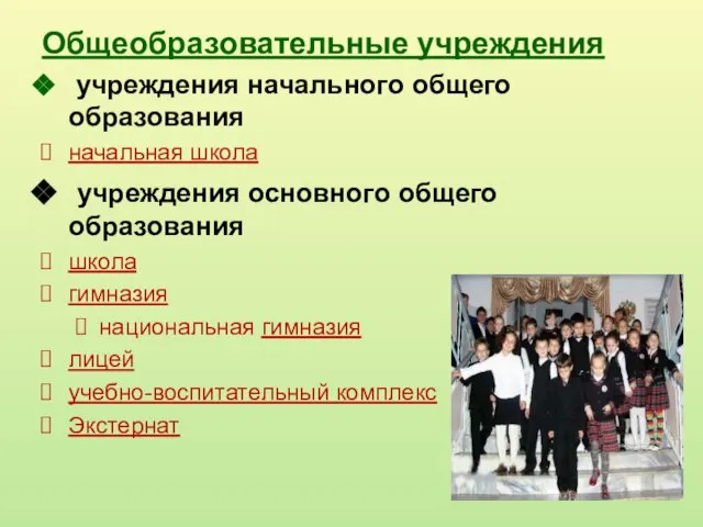 Общеобразовательные учреждения учреждения начального общего образования начальная школа учреждения основного общего образования