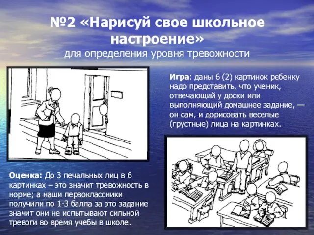 №2 «Нарисуй свое школьное настроение» для определения уровня тревожности Игра: даны 6