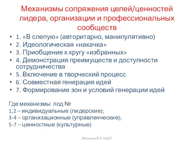 Механизмы сопряжения целей/ценностей лидера, организации и профессиональных сообществ 1. «В слепую» (авторитарно,