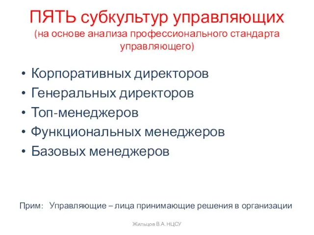 ПЯТЬ субкультур управляющих (на основе анализа профессионального стандарта управляющего) Корпоративных директоров Генеральных