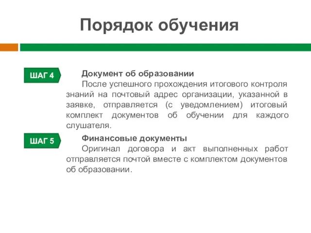 Порядок обучения Документ об образовании После успешного прохождения итогового контроля знаний на