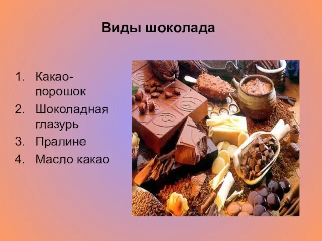 Виды шоколада Какао-порошок Шоколадная глазурь Пралине Масло какао