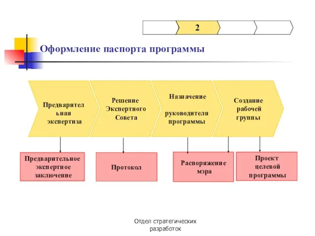 Отдел стратегических разработок Назначение руководителя программы Предварительное экспертное заключение Протокол Распоряжение мэра