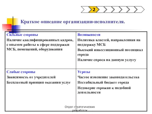 Отдел стратегических разработок Краткое описание организации-исполнителя. 2