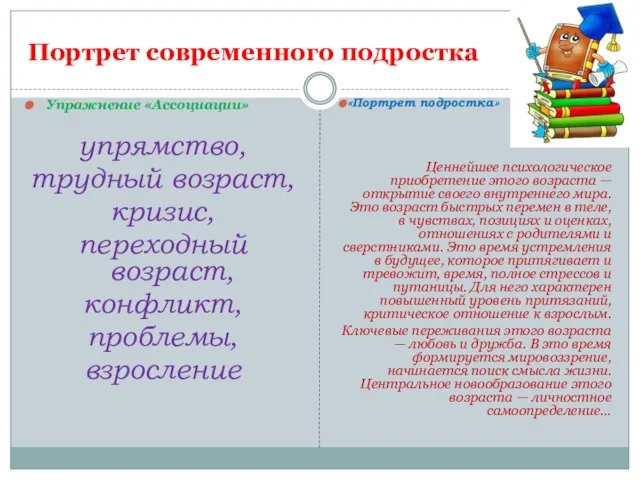 Портрет современного подростка Упражнение «Ассоциации» упрямство, трудный возраст, кризис, переходный возраст, конфликт,