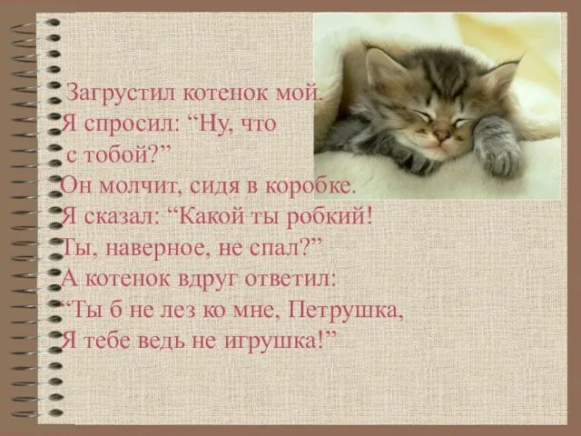 Загрустил котенок мой. Я спросил: “Ну, что с тобой?” Он молчит, сидя