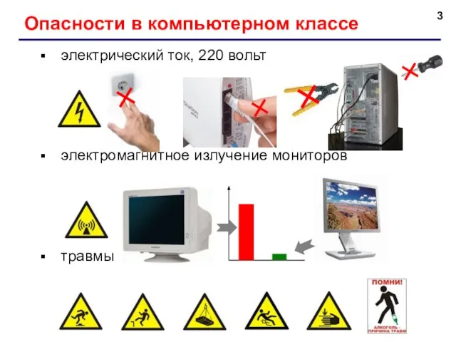 Опасности в компьютерном классе электрический ток, 220 вольт электромагнитное излучение мониторов травмы