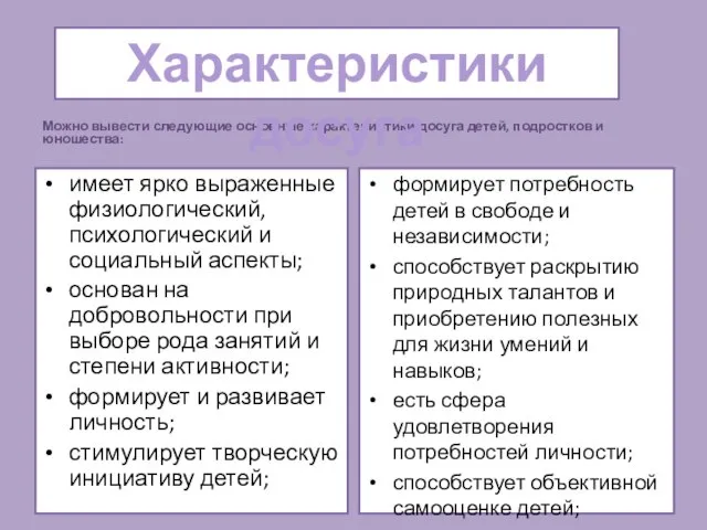 Можно вывести следующие основные характеристики досуга детей, подростков и юношества: имеет ярко