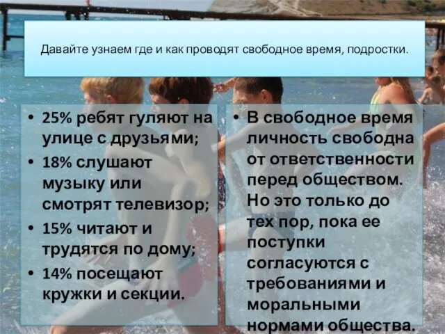 Давайте узнаем где и как проводят свободное время, подростки. 25% ребят гуляют