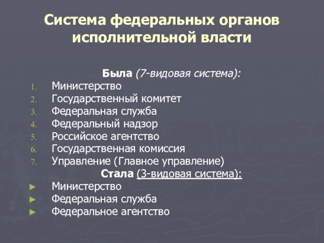 Система федеральных органов исполнительной власти Была (7-видовая система): Министерство Государственный комитет Федеральная