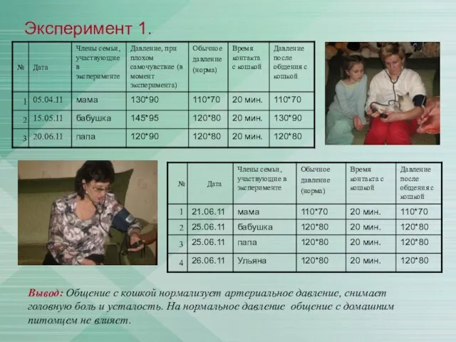 Эксперимент 1. Вывод: Общение с кошкой нормализует артериальное давление, снимает головную боль