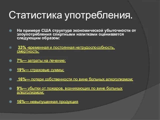 Статистика употребления. На примере США структура экономической убыточности от злоупотребления спиртными напитками