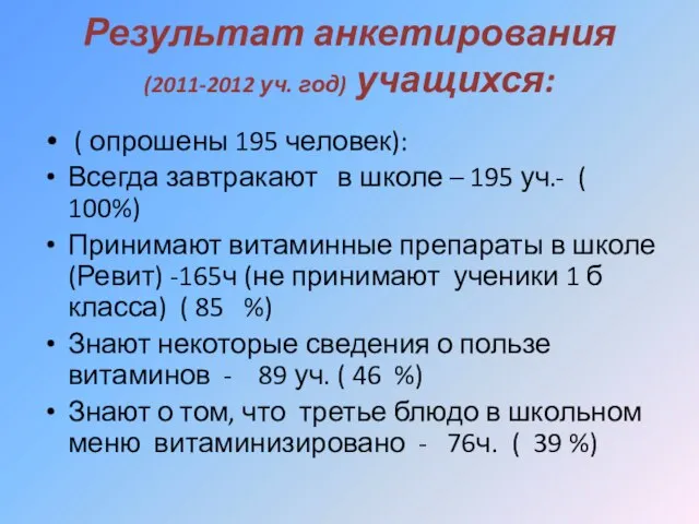 Результат анкетирования (2011-2012 уч. год) учащихся: ( опрошены 195 человек): Всегда завтракают