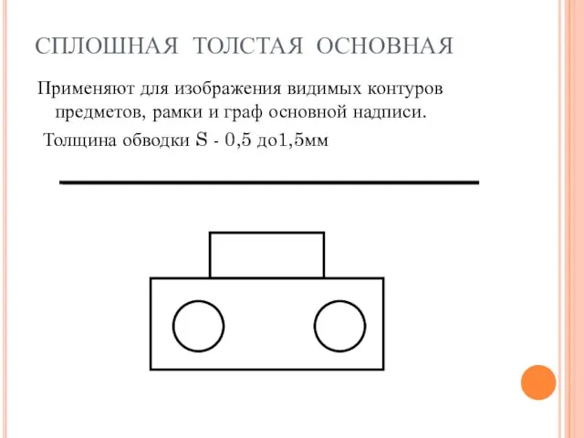 СПЛОШНАЯ ТОЛСТАЯ ОСНОВНАЯ Применяют для изображения видимых контуров предметов, рамки и граф