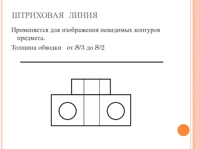 ШТРИХОВАЯ ЛИНИЯ Применяется для изображения невидимых контуров предмета. Толщина обводки от S/3 до S/2